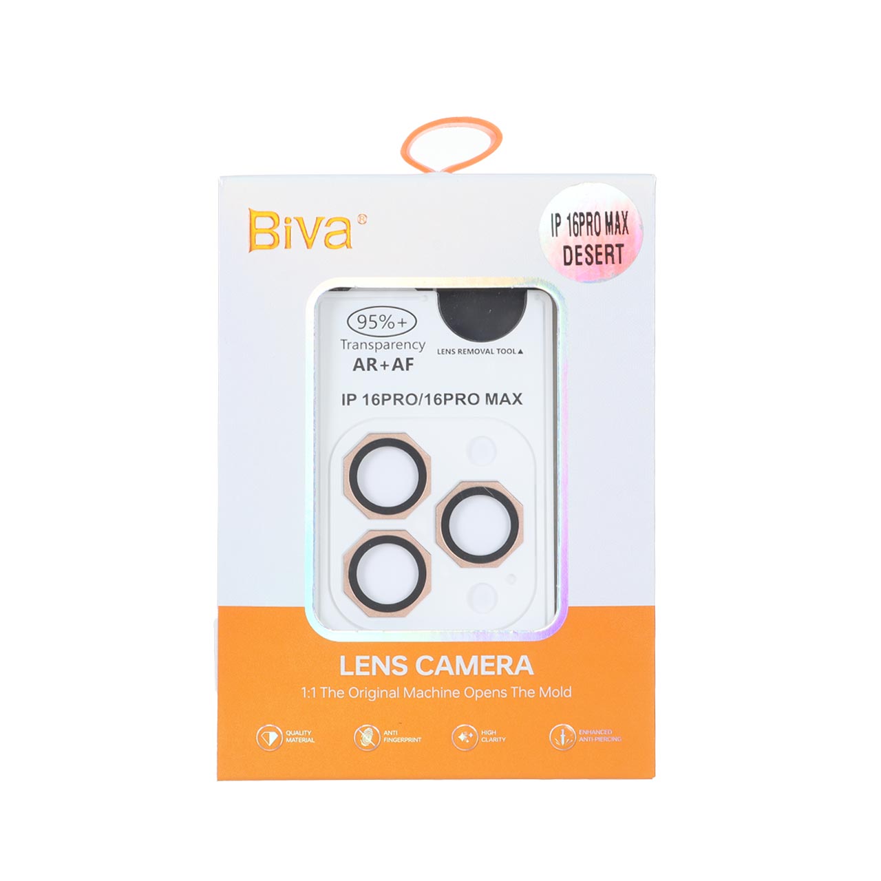 محافظ لنز رینگی اورجینال Biva شابلون دار AR AF مدل Apple iPhone 16 Pro Max / 16 Pro - صحرایی (پک دار)