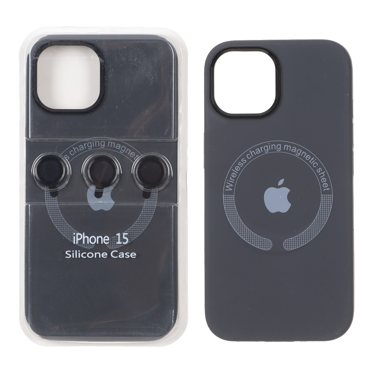 قاب سیلیکونی اورجینال Magsafe با ست محافظ لنز رینگی Apple iPhone 15 / iPhone 14 / iPhone 13 - خاکستری (پک دار)