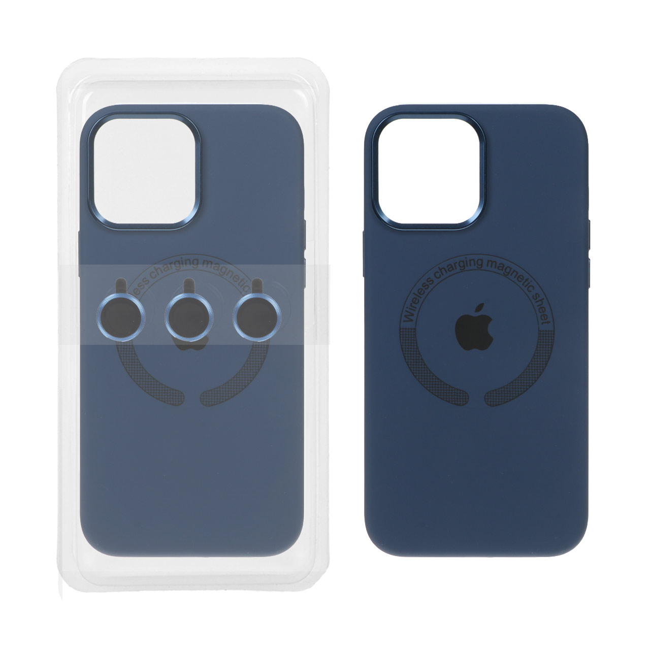 قاب سیلیکونی اورجینال Magsafe با ست محافظ لنز رینگی Apple iPhone 15 Pro Max - سرمه ای (پک دار)