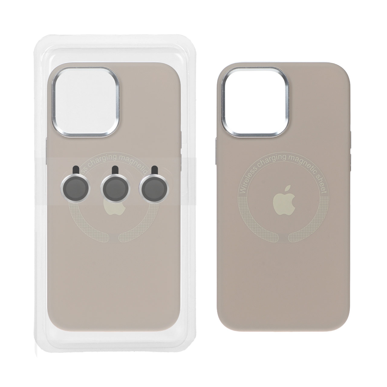 قاب سیلیکونی اورجینال Magsafe با ست محافظ لنز رینگی Apple iPhone 13 Pro Max - خاکی (پک دار)