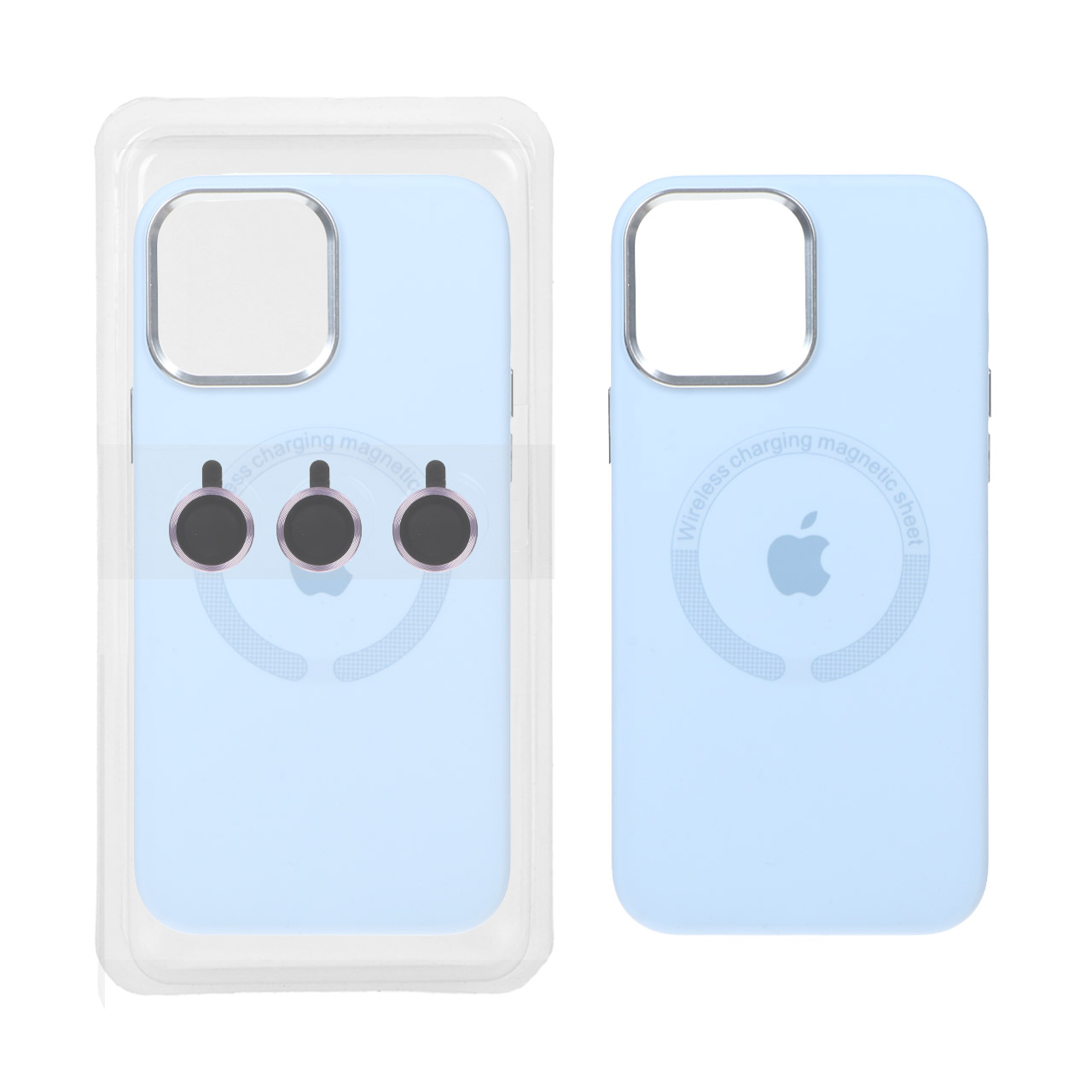 قاب سیلیکونی اورجینال Magsafe با ست محافظ لنز رینگی Apple iPhone 13 Pro Max - آبی کبریتی (پک دار)