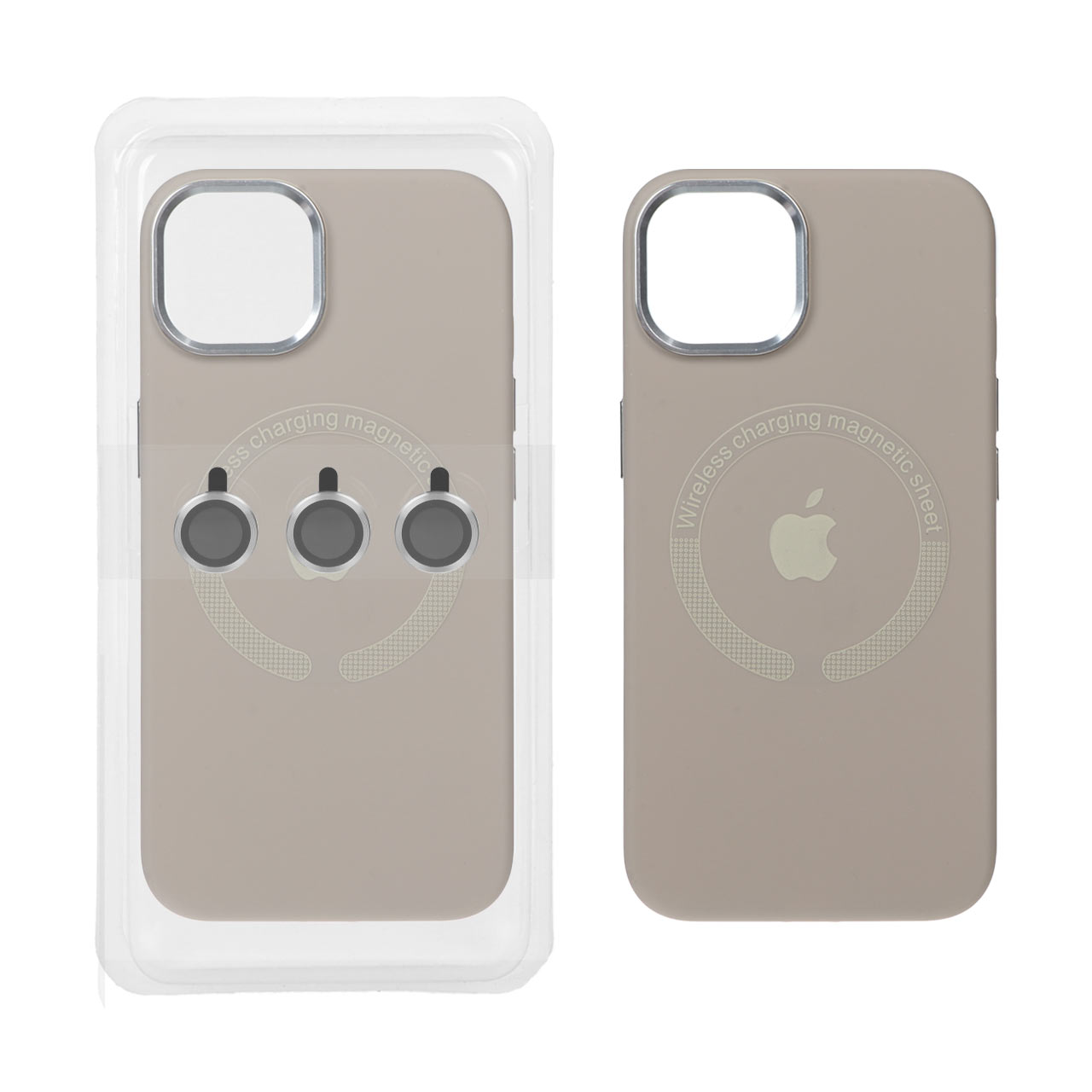 قاب سیلیکونی اورجینال Magsafe با ست محافظ لنز رینگی Apple iPhone 13 / iPhone 14 - خاکی (پک دار)
