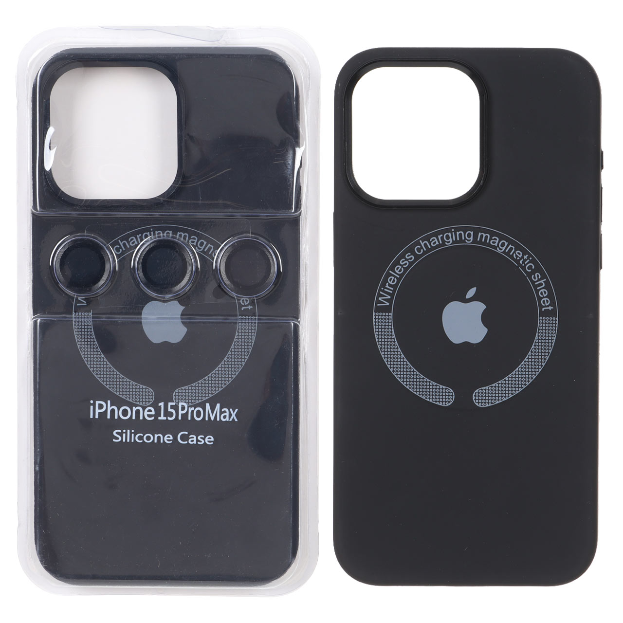 قاب سیلیکونی اورجینال Magsafe با ست محافظ لنز رینگی Apple iPhone 15 Pro Max - مشکی (پک دار)