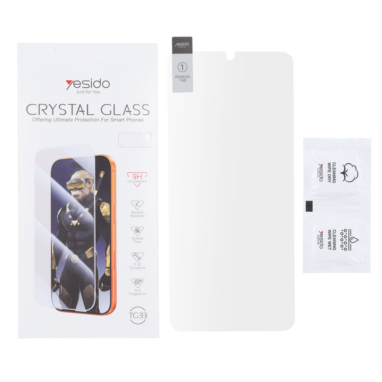 محافظ صفحه نمایش شیشه ای اورجینال بدون حاشیه Crystal Glass Yesido TG33 مدل Samsung Galaxy A07 / A06 / A05 / Xiaomi Redmi 13C / Poco C65 / Poco M6 5G / Honor X7 / X7A / Realme C51 / Realme C53 (پک دار)