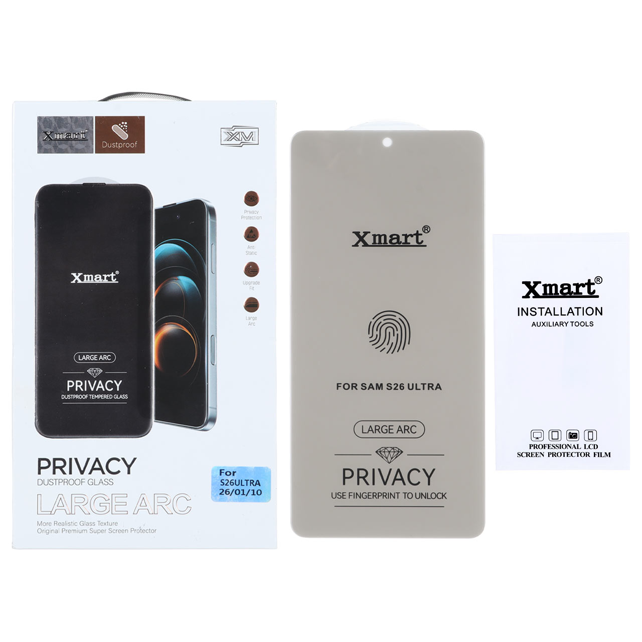 محافظ صفحه نمایش شیشه ای بدون حاشیه Xmart Privacy 3D Large Arc مدل Samsung Galaxy S26 Ultra - (بدون پک)