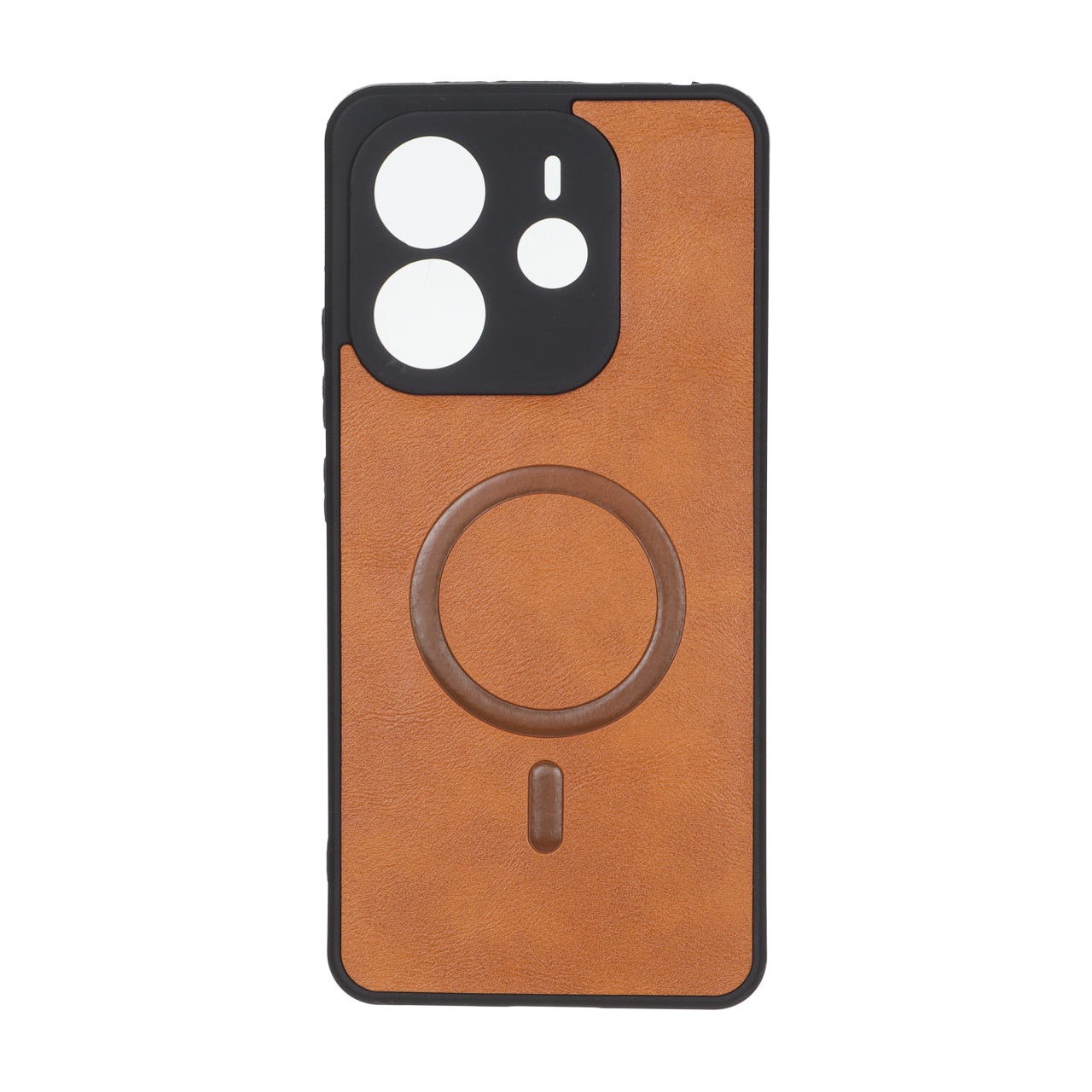 قاب چرمی طرح مگ سیف محافظ لنزدار Xiaomi Redmi Note 14 4G - قهوه ای