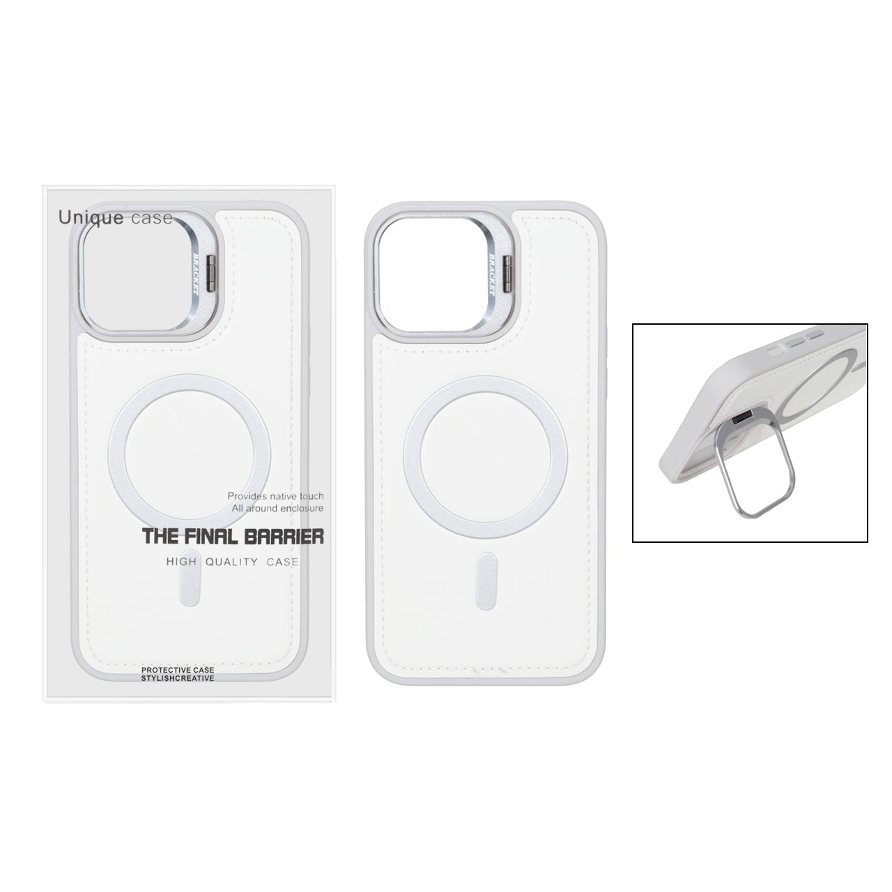 قاب Bracket چرمی دور دوخت MagSafe لنز استندشو Apple iPhone 13 Pro Max - سفید (پک دار)