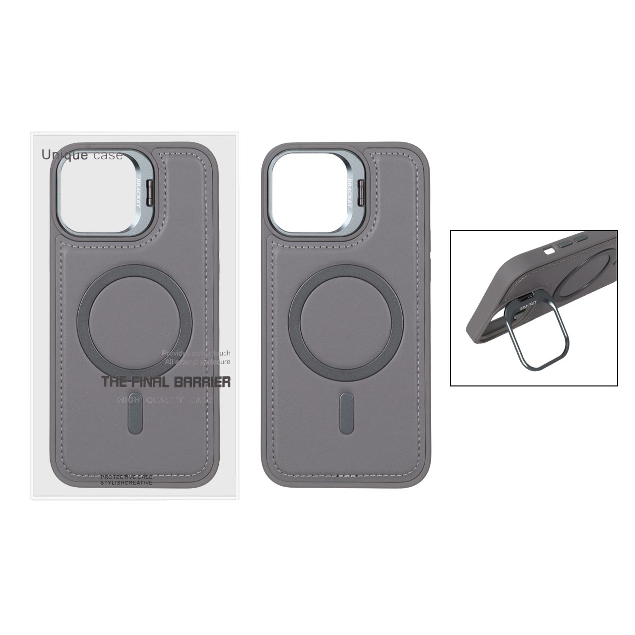 قاب Bracket چرمی دور دوخت MagSafe لنز استندشو Apple iPhone 13 Pro Max - خاکستری (پک دار)