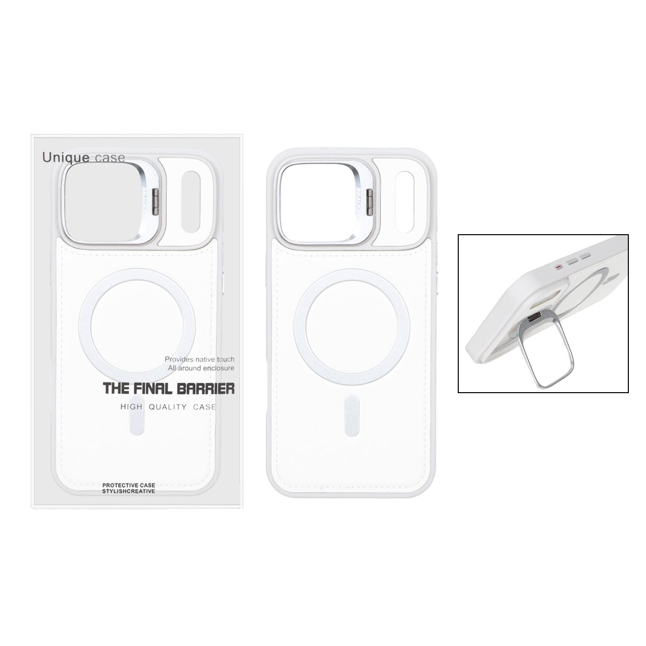 قاب Bracket چرمی دور دوخت MagSafe لنز استندشو Apple iPhone 17 Pro Max - سفید (پک دار)
