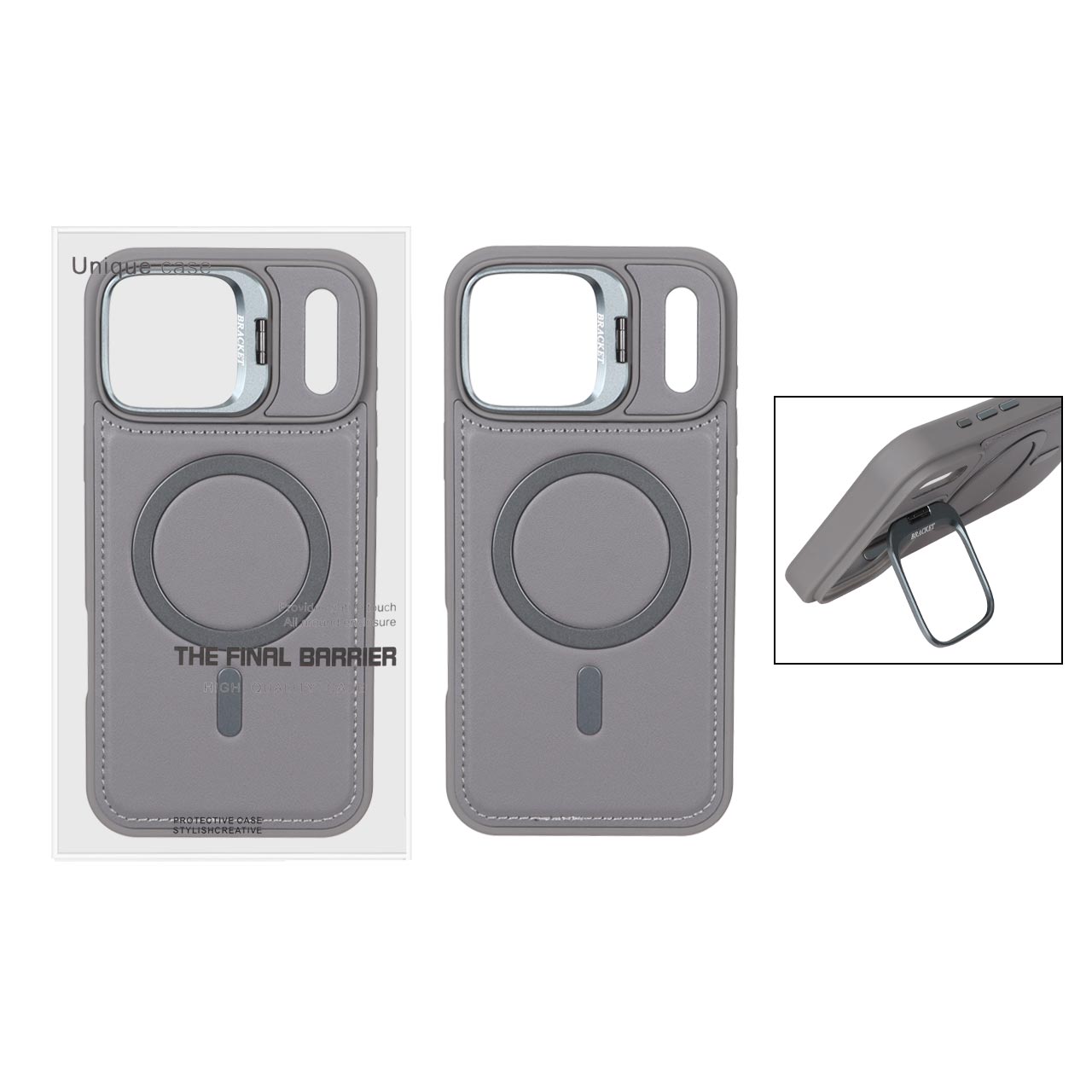 قاب Bracket چرمی دور دوخت MagSafe لنز استندشو Apple iPhone 17 Pro Max - خاکستری (پک دار)