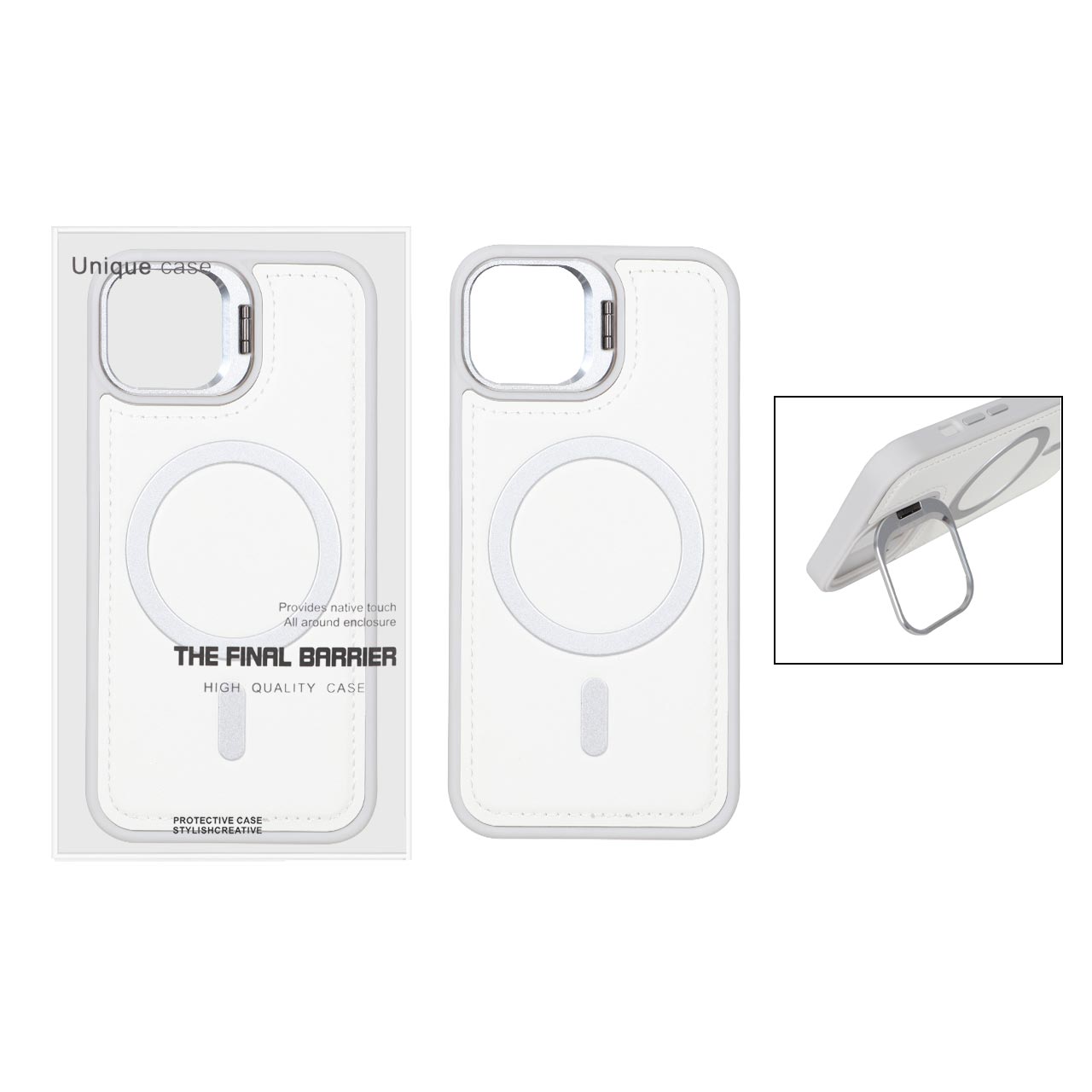 قاب Bracket چرمی دور دوخت MagSafe لنز استندشو Apple iPhone 13 / iPhone 14 - سفید (پک دار)