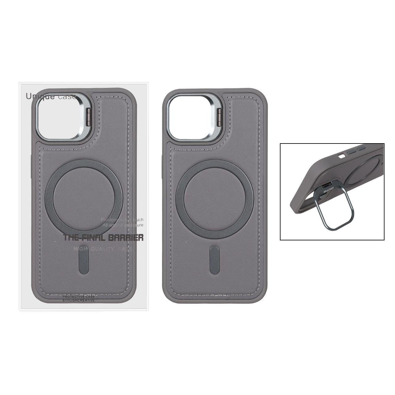 قاب Bracket چرمی دور دوخت MagSafe لنز استندشو Apple iPhone 13 / iPhone 14 - خاکستری (پک دار)