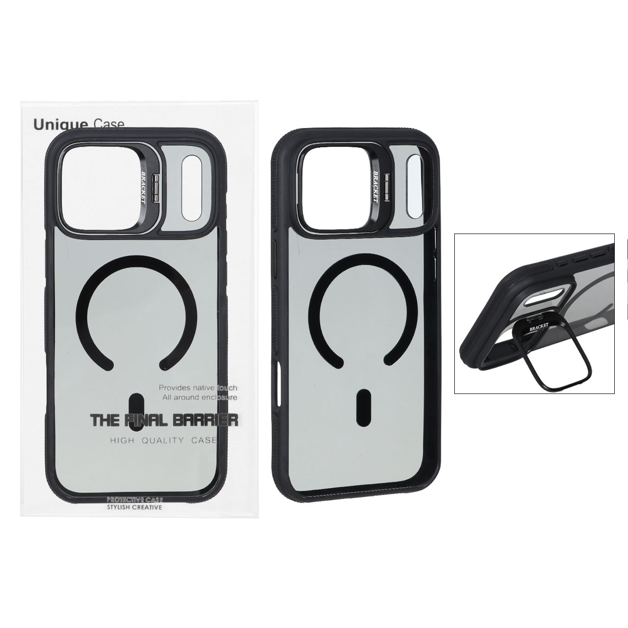 قاب اورجینال Bracket Unique Case مات Magsafe لنز آلومینیومی استندشو Apple iPhone 17 Pro Max - مشکی (پک دار)