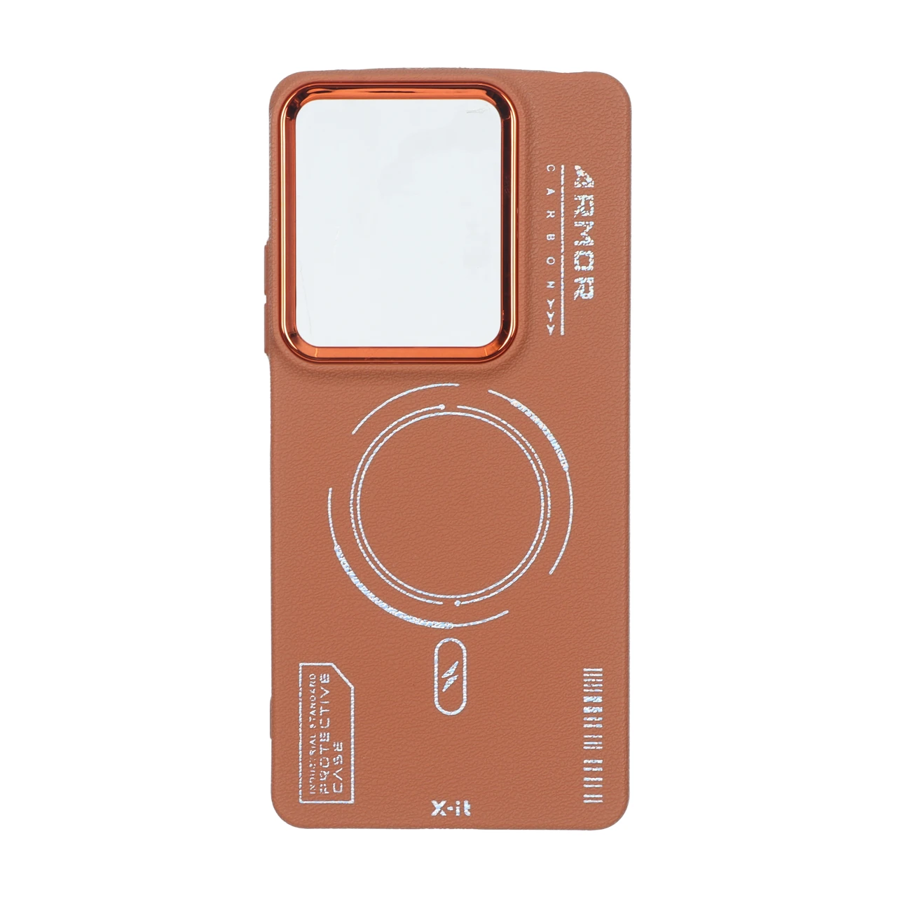 قاب Armor لنز متال Texture طرح مگ سیف Xiaomi Redmi Note 14S / Note 13 Pro 4G / Poco M6 Pro 4G - قهوه ای
