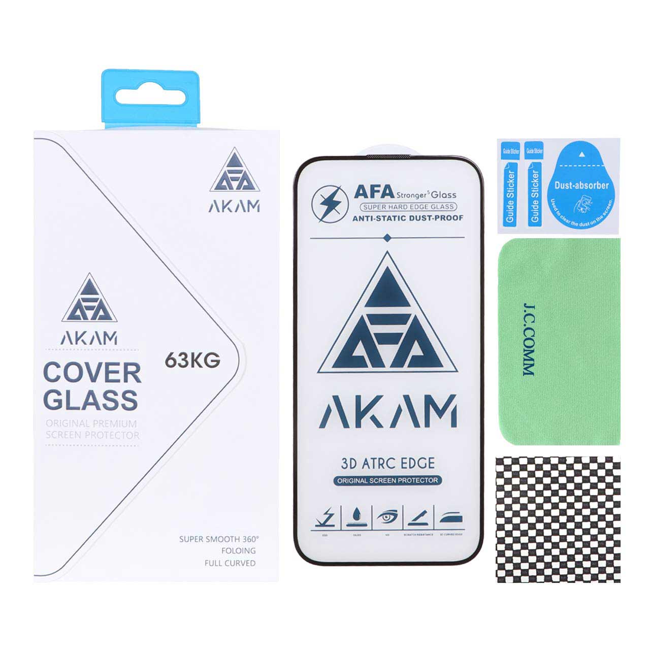 محافظ صفحه نمایش شیشه ای اورجینال Full Cover - AKAM مدل Apple iPhone 15 Pro به همراه دستمال و پد سیلیکونی (پک دار)
