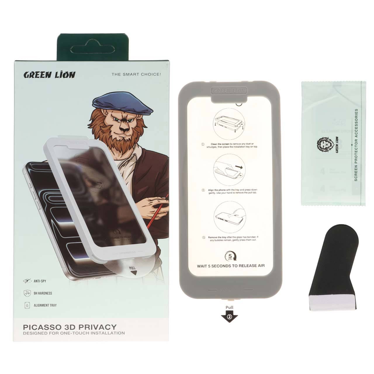 محافظ صفحه نمایش شیشه ای اورجینال Green Lion Picasso 3D One-Touch Installation مدل Apple iPhone 17 / iPhone 16 Pro (پک دار)
