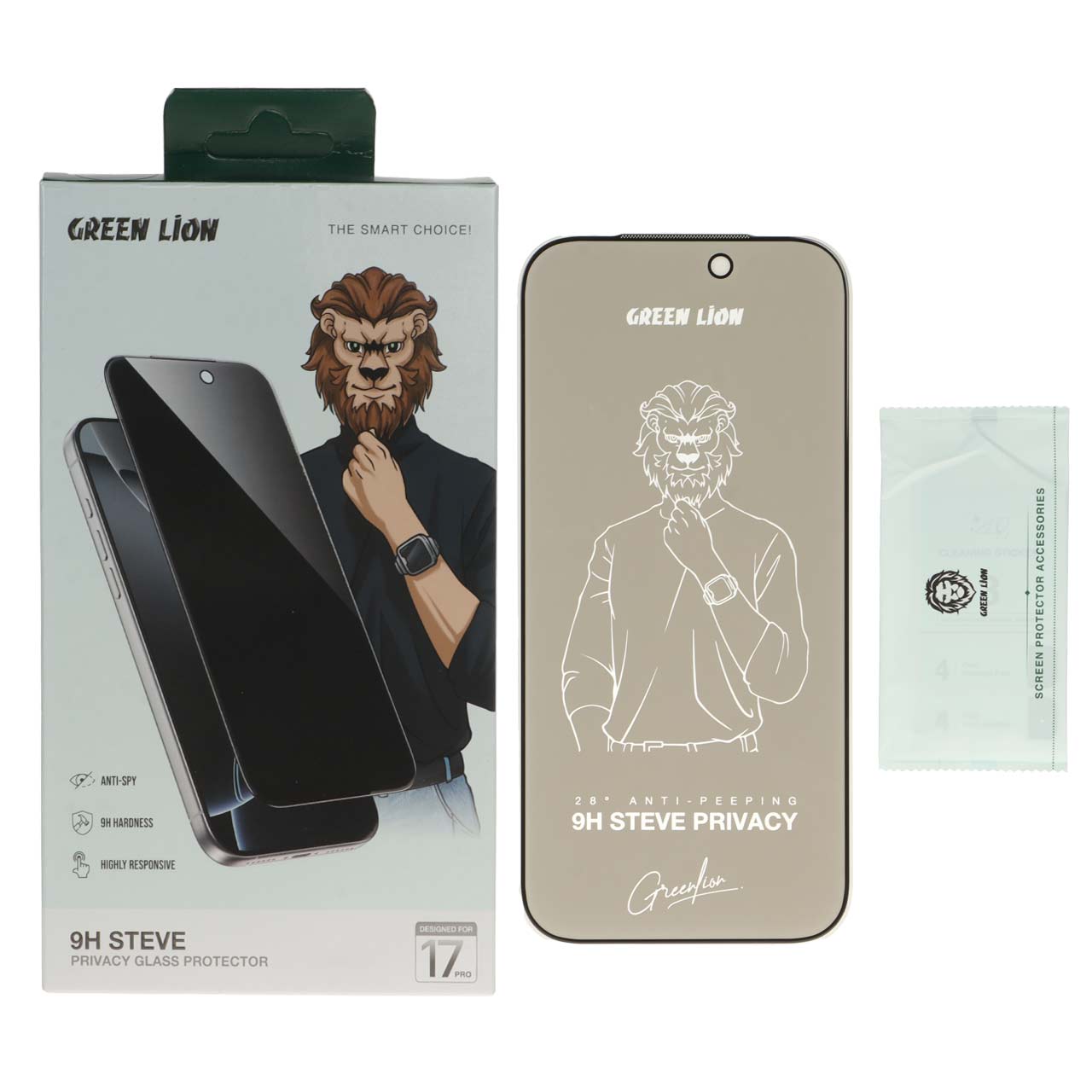 محافظ صفحه نمایش شیشه ای اورجینال Green Lion Steve Privacy مدل Apple iPhone 17 Pro (پک دار)