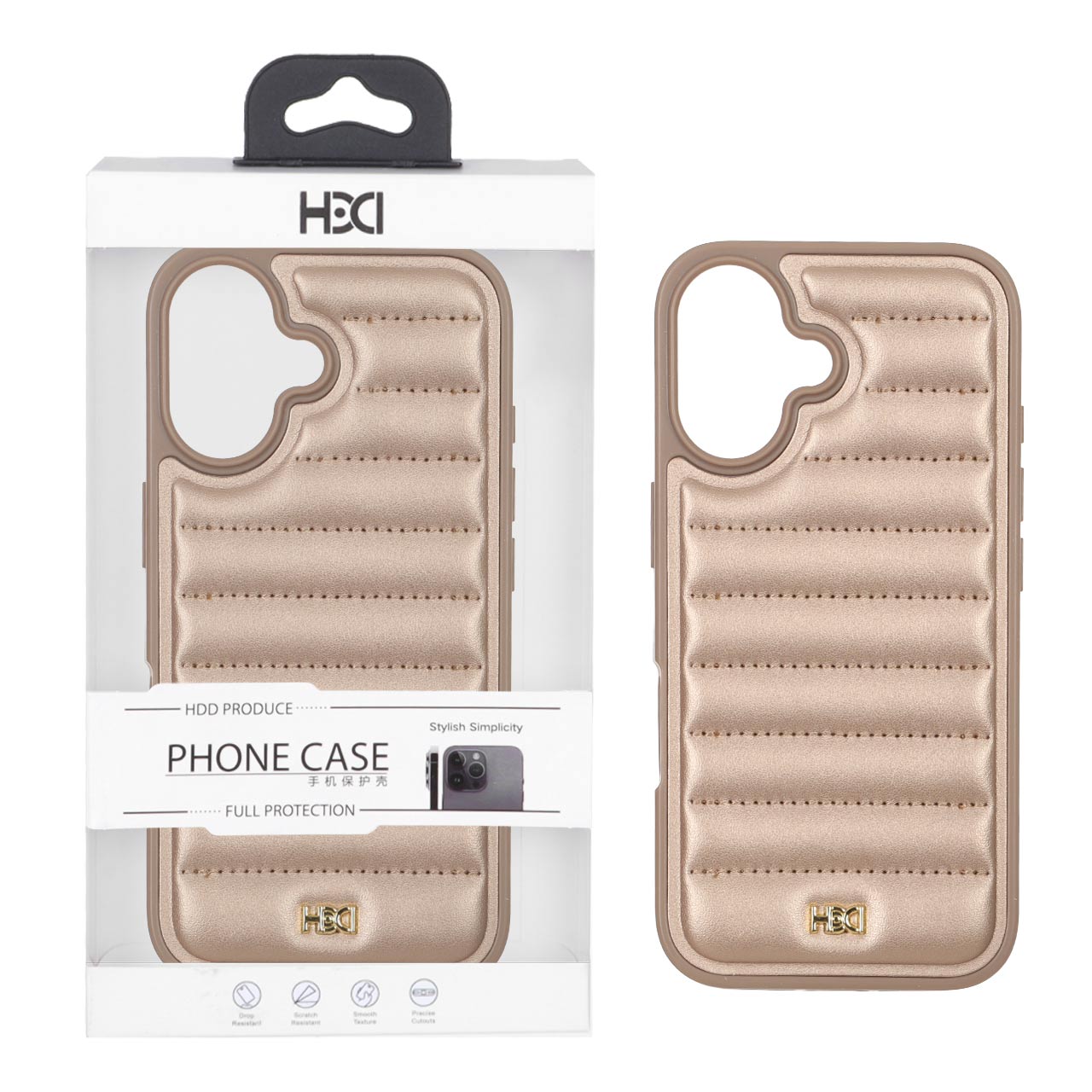 قاب اورجینال HDD چرم پافری طرح دوخت Apple iPhone 16 - طلایی (پک دار)
