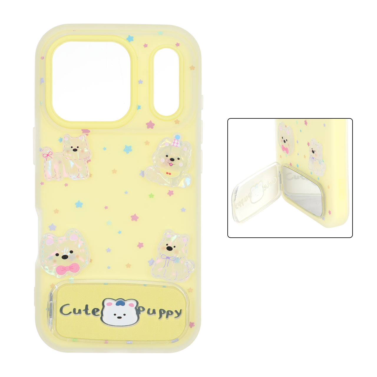 قاب Cute Puppy دولایه عروسک برجسته استندشو آینه ای Apple iPhone 17 Pro - زرد