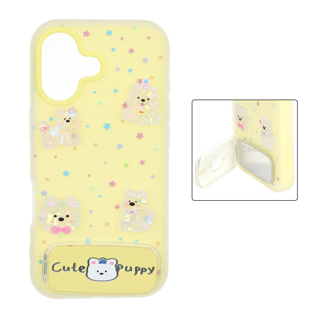 قاب Cute Puppy دولایه عروسک برجسته استندشو آینه ای Apple iPhone 17 - زرد