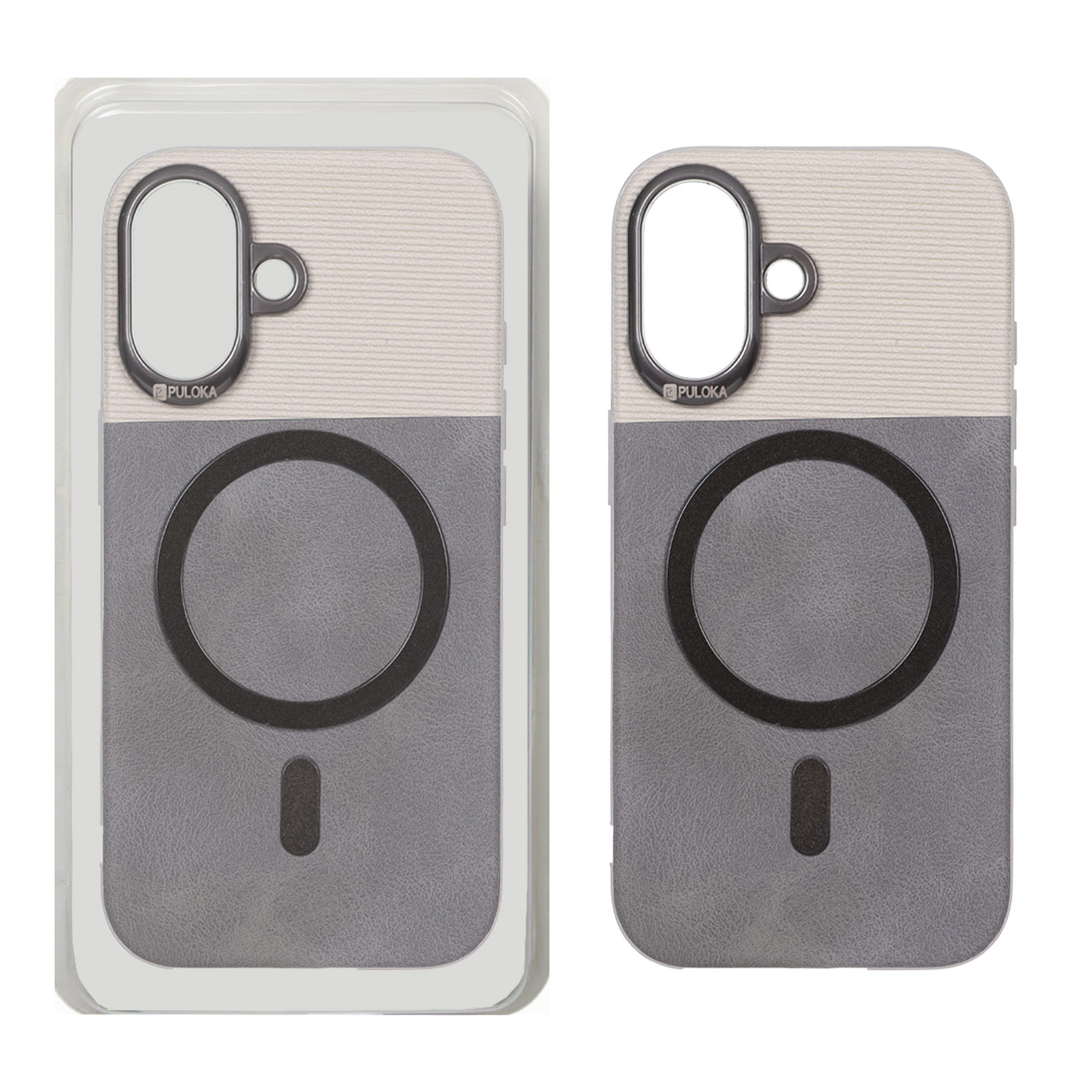قاب Puloka دو تکه چرمی کبریتی Magnet فلزی دور لنز براق Apple iPhone 16 - خاکستری (پک دار)