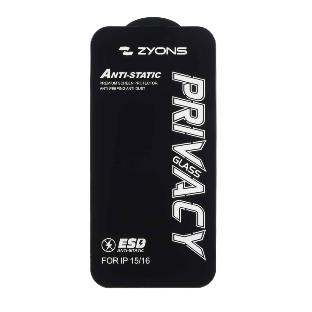 محافظ صفحه نمایش شیشه ای Anti Static - ESD Zyons Privacy مدل Apple iPhone 16 / iPhone 15 / iPhone 14 Pro