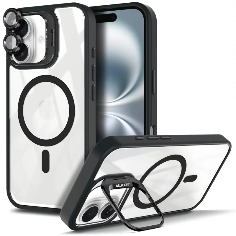 قاب گوشی مدل YZB سازگار با شارژر مغناطیسی، پایه نگه‌دارنده و پوشش لنز دوربین، رنگ مشکی مناسب برای ایفون iphone 16