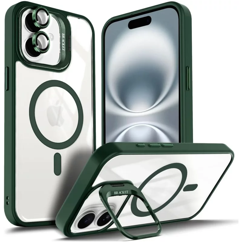 قاب گوشی مدل YZB سازگار با شارژر مغناطیسی، پایه نگه‌دارنده و پوشش لنز دوربین، رنگ سبز مناسب برای ایفون iphone 16