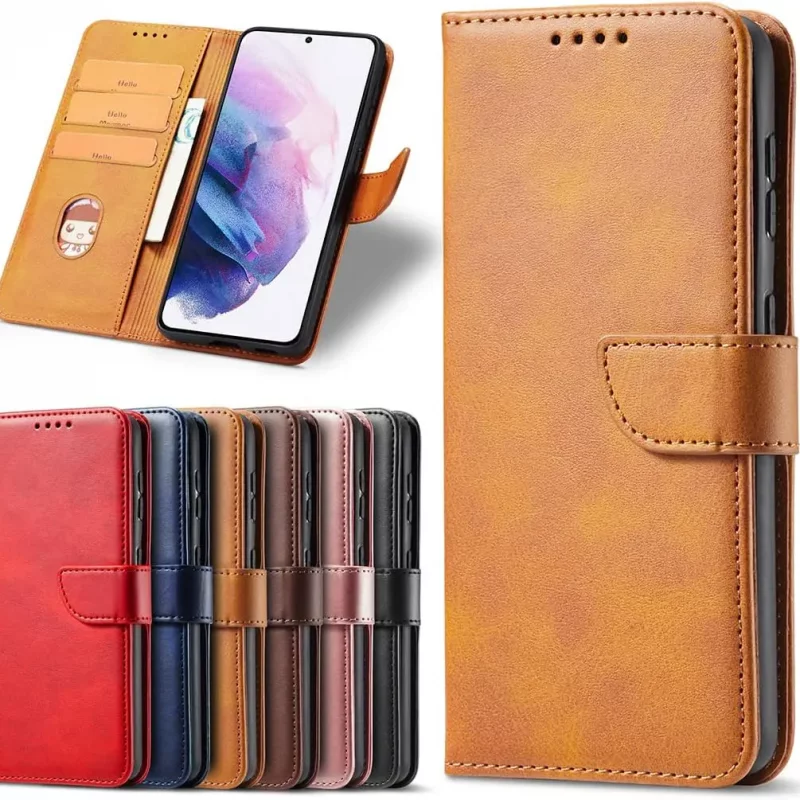 کیف گوشی Samsung Galaxy A56 مدل لپتاپی رنگ قهوه ای شتری (محافظ لنز دار)