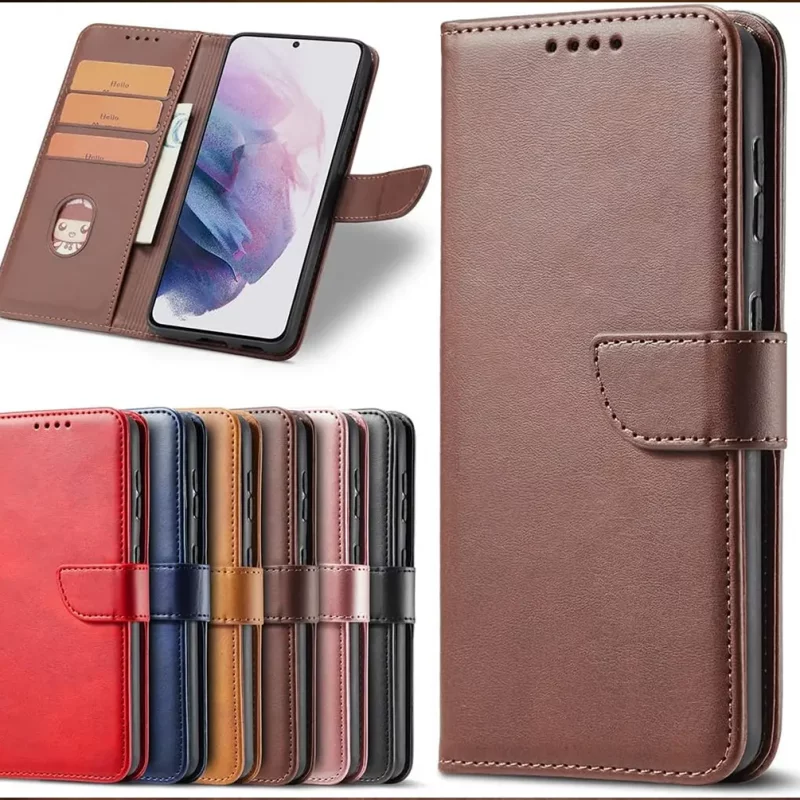 کیف گوشی Samsung Galaxy A56 مدل لپتاپی رنگ قهوه ای روشن (محافظ لنز دار)