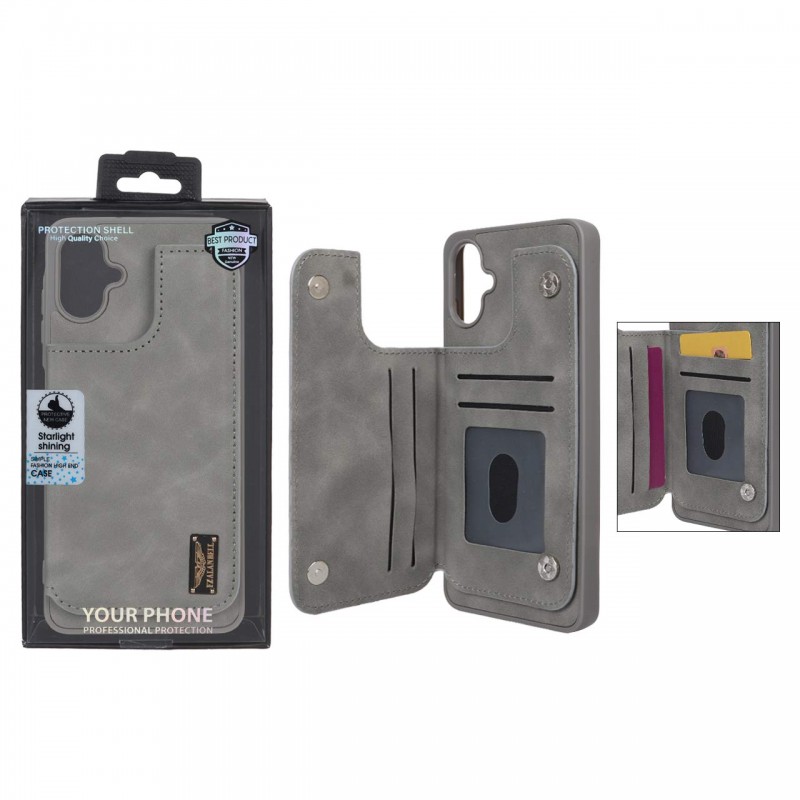 قاب گوشی مدل چرمی جاکارتی‌دار مگنتی LeatherPro مناسب Samsung Galaxy A06 – طوسی