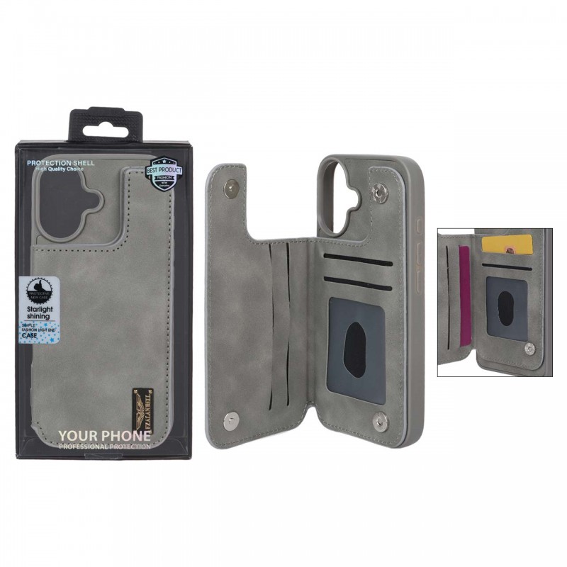 قاب گوشی مدل چرمی جاکارتی‌دار مگنتی LeatherPro مناسب Apple Iphone 16 – طوسی