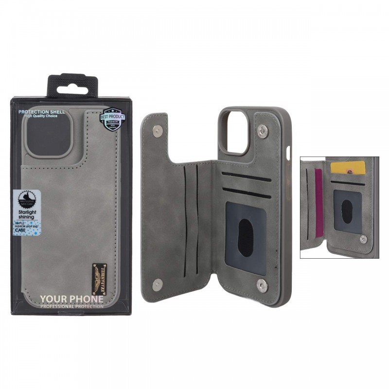 قاب گوشی مدل چرمی جاکارتی‌دار مگنتی LeatherPro مناسب Apple Iphone 13 – طوسی