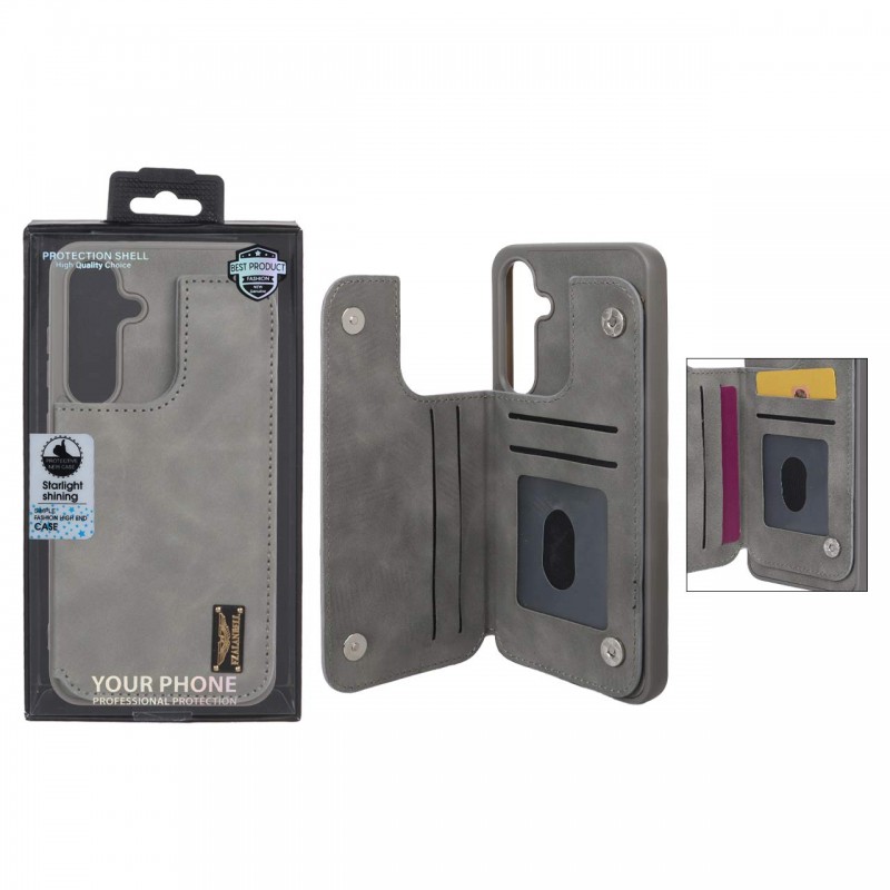 قاب گوشی مدل چرمی جاکارتی‌دار مگنتی LeatherPro مناسب Samsung Galaxy S24 FE– طوسی