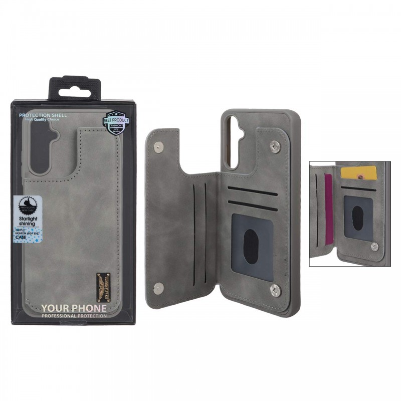 قاب گوشی مدل چرمی جاکارتی‌دار مگنتی LeatherPro مناسب Samsung Galaxy A05s– طوسی