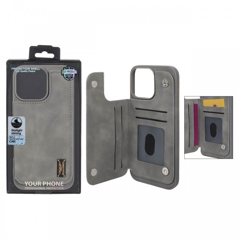 قاب گوشی مدل چرمی جاکارتی‌دار مگنتی LeatherPro مناسب Apple Iphone 16 Pro Max– طوسی