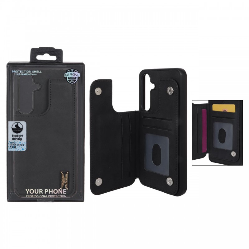 قاب گوشی مدل چرمی جاکارتی‌دار مگنتی LeatherPro مناسب Samsung Galaxy S24 FE– مشکی