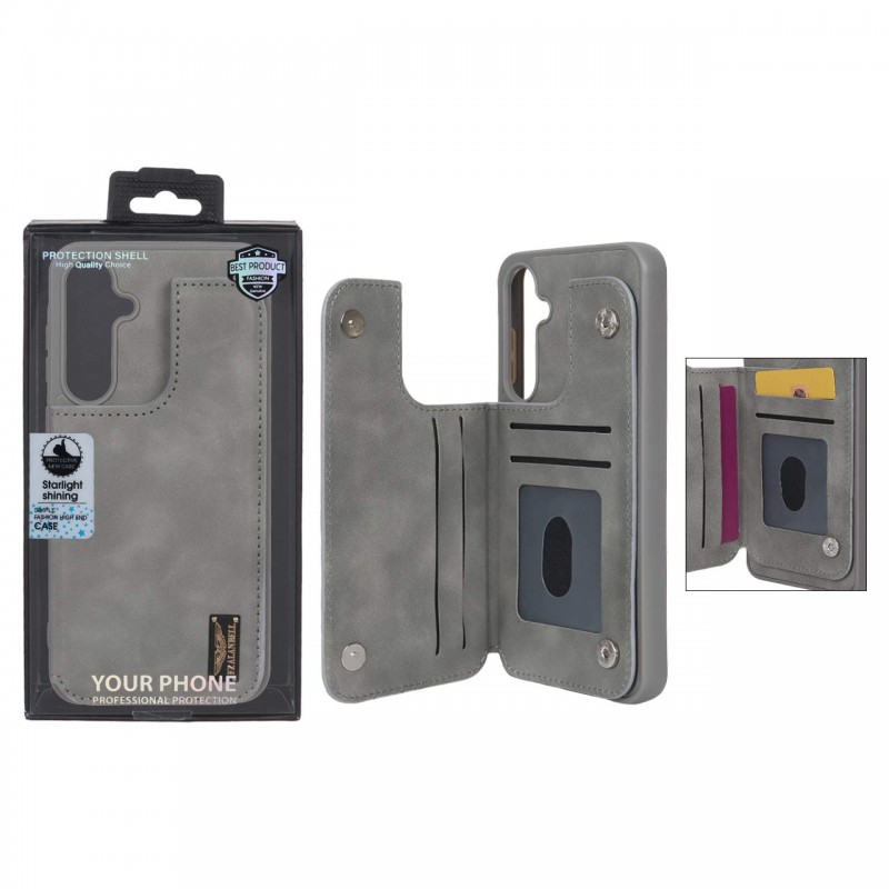 قاب گوشی مدل چرمی جاکارتی‌دار مگنتی LeatherPro مناسب Samsung Galaxy A55– طوسی