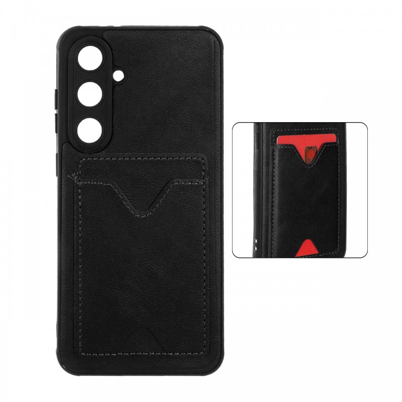 قاب جاکارتی دار Samsung Galaxy S24 FE مدل محافظ لنز دار با چرم دوخت دار - رنگ مشکی