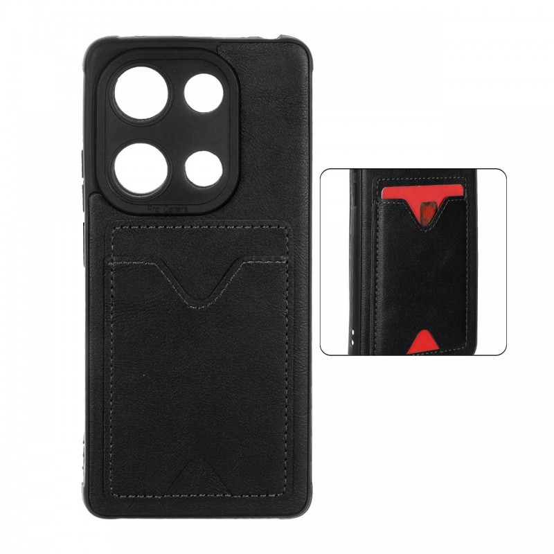 قاب جاکارتی دار Xiaomi Redmi Note 14S مدل محافظ لنز دار با چرم دوخت دار - رنگ مشکی