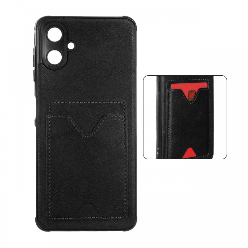 قاب جاکارتی دار Samsung Galaxy A06 مدل محافظ لنز دار با چرم دوخت دار - رنگ مشکی