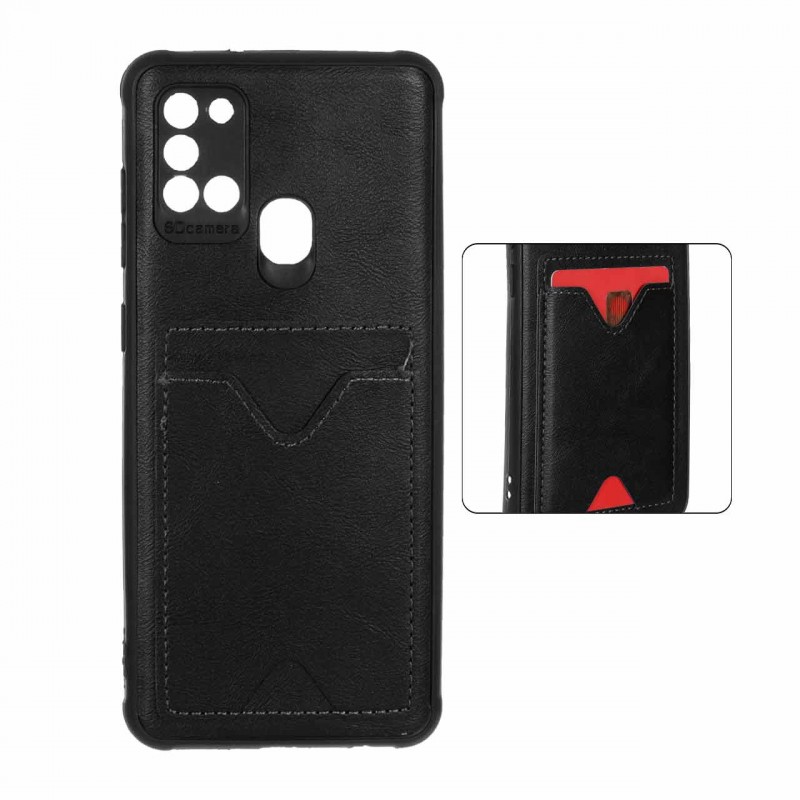 قاب جاکارتی دار Samsung Galaxy A21s مدل محافظ لنز دار با چرم دوخت دار - رنگ مشکی