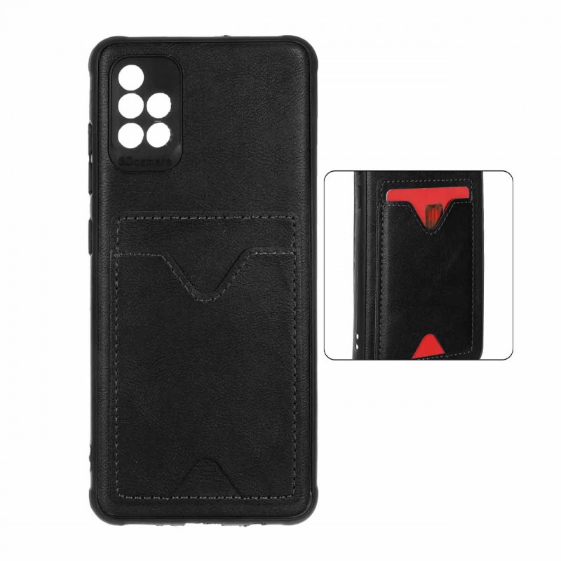 قاب جاکارتی دار Samsung Galaxy A51 مدل محافظ لنز دار با چرم دوخت دار - رنگ مشکی