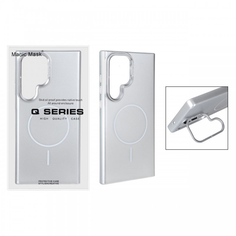 قاب گوشی MagSafe مدل AlumStand Pro مجهز به استند و محافظ لنز آلومینیومی مناسب Samsung Galaxy S23 Ultra - رنگ نقره ای