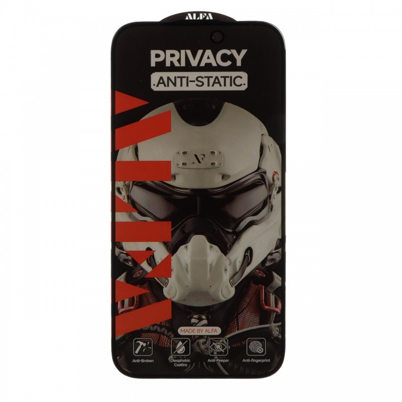 محافظ صفحه نمایش شیشه ای پرایوسی Apple Iphone 16 / Iphone 15 / Iphone 14 Pro برند آلفا مدل فول کاور آنتی استاتیک