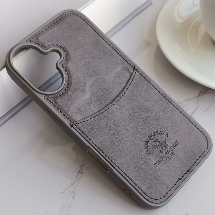 قاب جاکارتی دار Apple Iphone 16 مدل Royal Case با جنس چرمی دوخت دار - رنگ طوسی