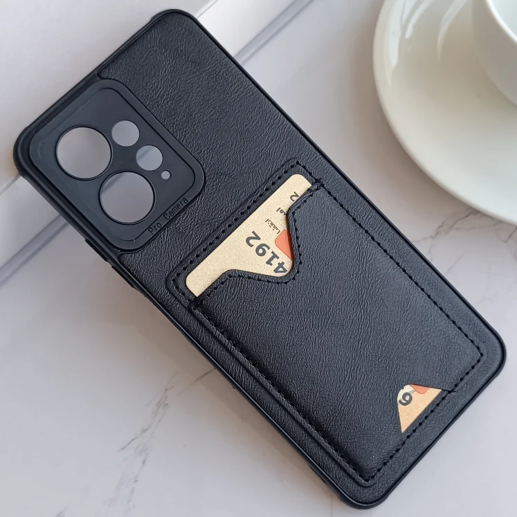 قاب جاکارتی دار پوکو  Xiaomi Redmi Note 12 4G مدل محافظ لنز دار با چرم دوخت دار - رنگ مشکی