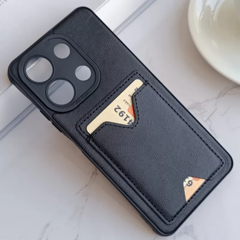 قاب جاکارتی دار پوکو  Xiaomi Redmi Note 13 4G مدل محافظ لنز دار با چرم دوخت دار - رنگ مشکی