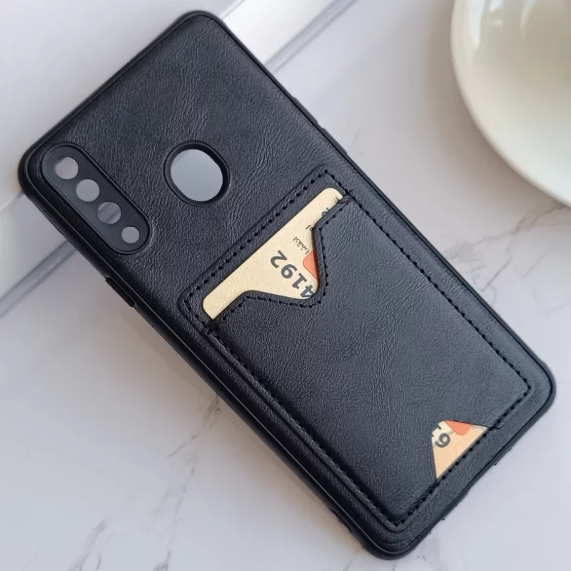 قاب جاکارتی دار Samsung Galaxy A20s مدل محافظ لنز دار با چرم دوخت دار - رنگ مشکی