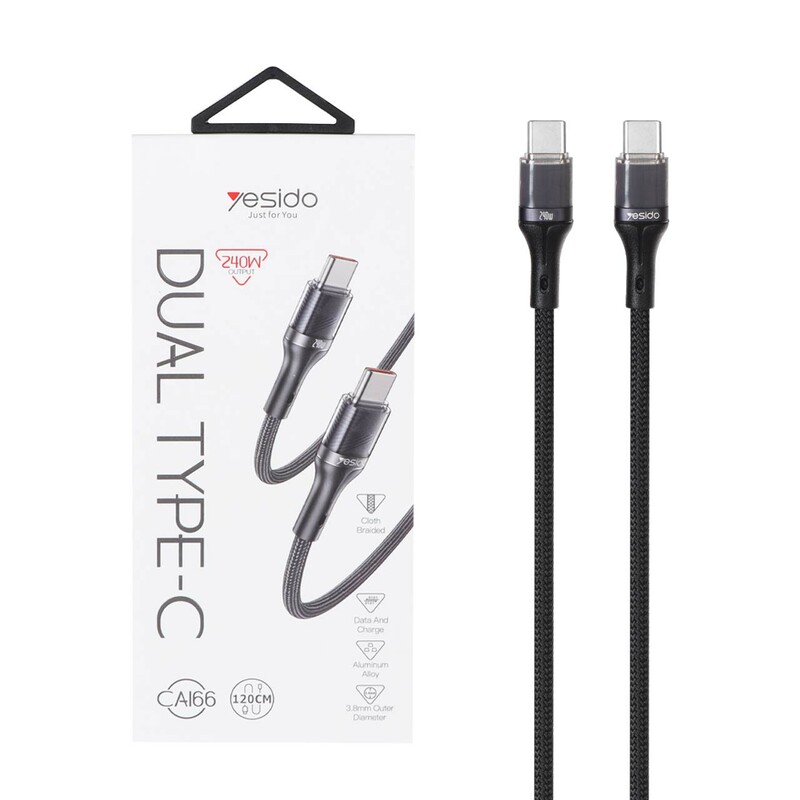 کابل شارژ 1.2 متری PD و فست Yesido Type-C To Type-C مدل CA166 240W - مشکی
